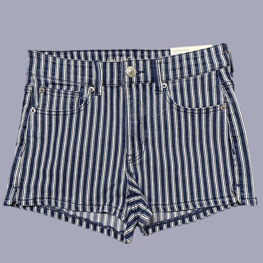 American Eagle Pinstriped Hi Rise Shortie Denim Blue Shorts Women's Size 6 NWT﻿